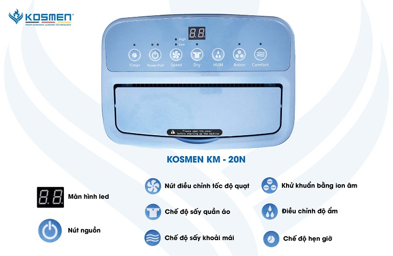 Máy hút ẩm Kosmen KM-20N kiểm soát độ ẩm hiệu quả