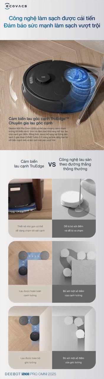 Ecovacs N30 Pro Omni với cảm biến TruEdge lau sạch góc cạnh hiệu quả