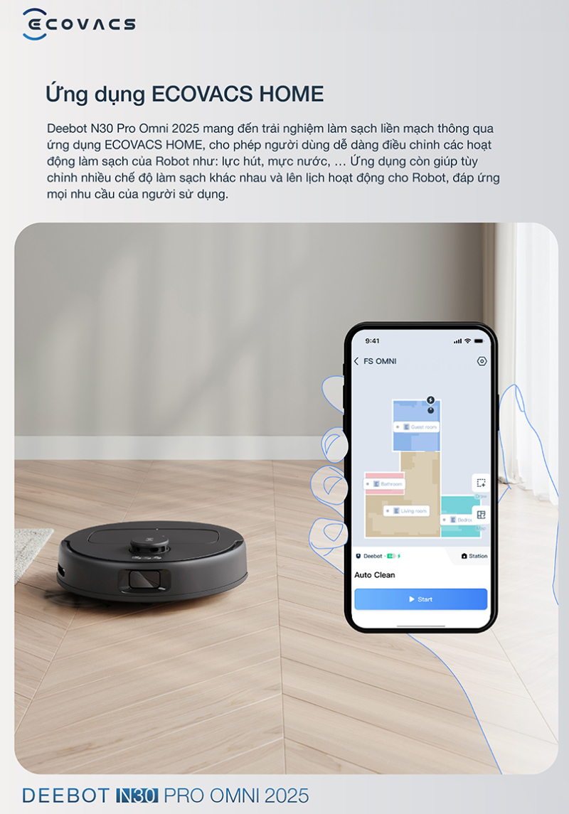 Robot hút bụi Ecovacs N30 Pro Omni với ứng dụng điều khiển từ xa tiện lợi